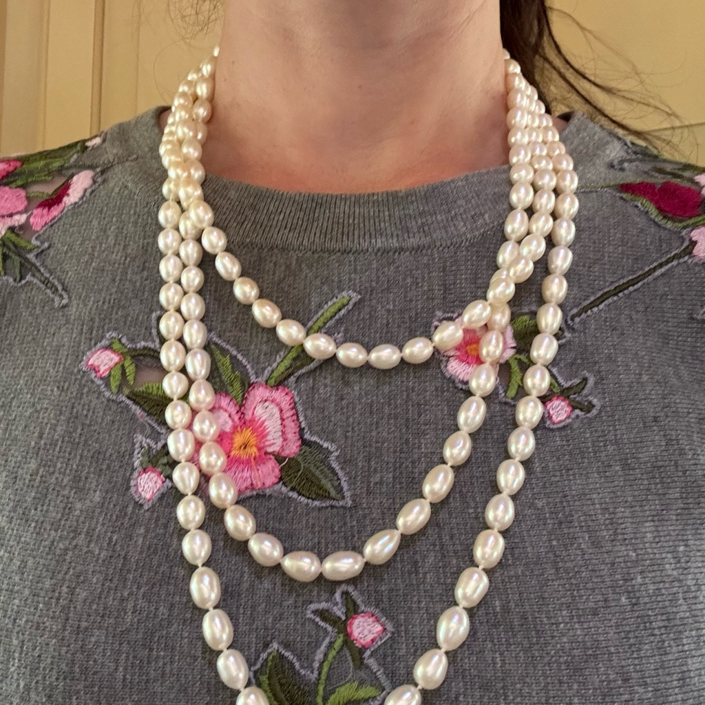 Elegant Cultured Pearl Necklace Extra Long With 14 Kt Gold Clasp